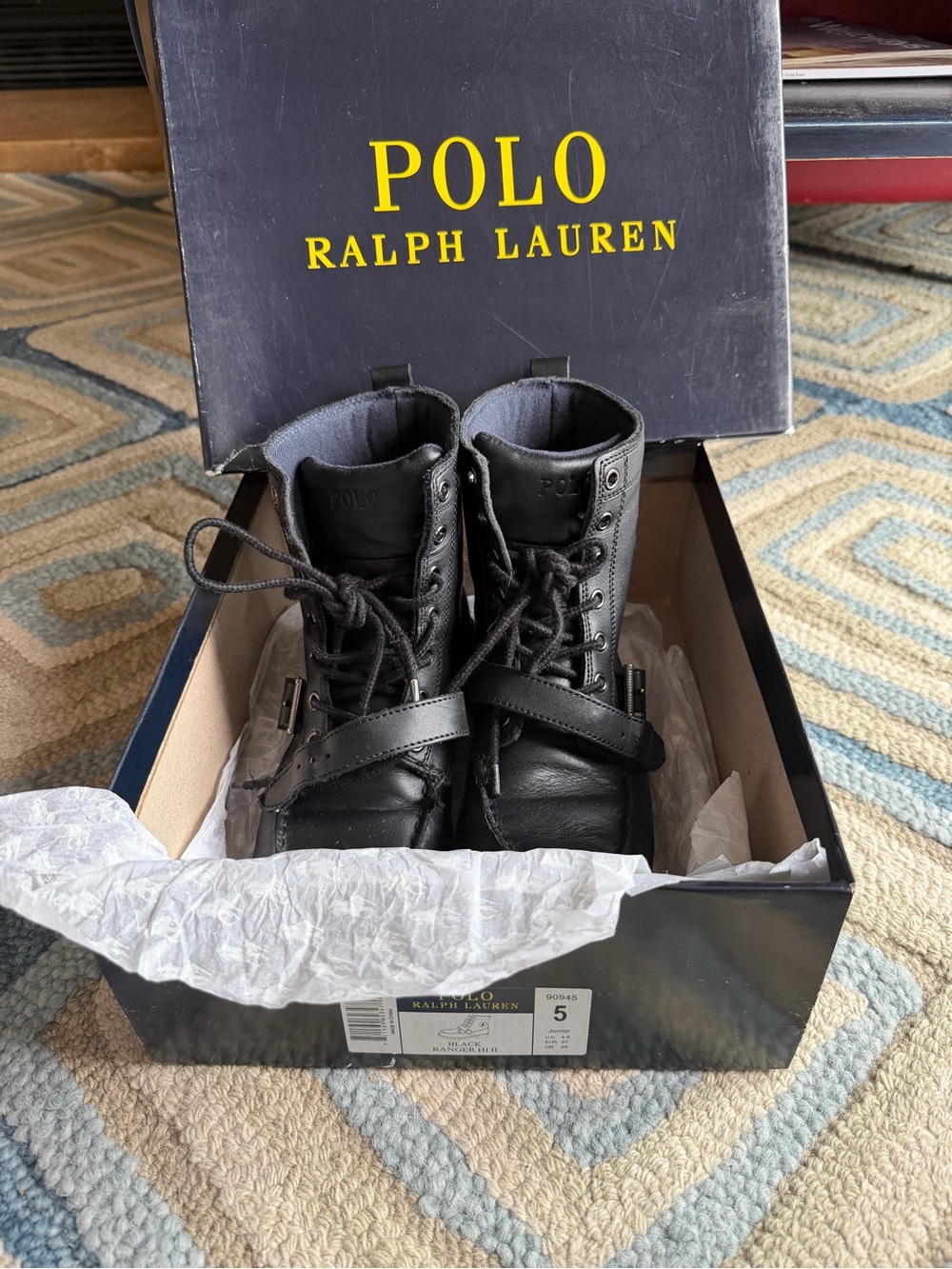 Polo by Ralph Lauren Black Leather Lace-Up Combat Boots with Strap - Big Kid 5